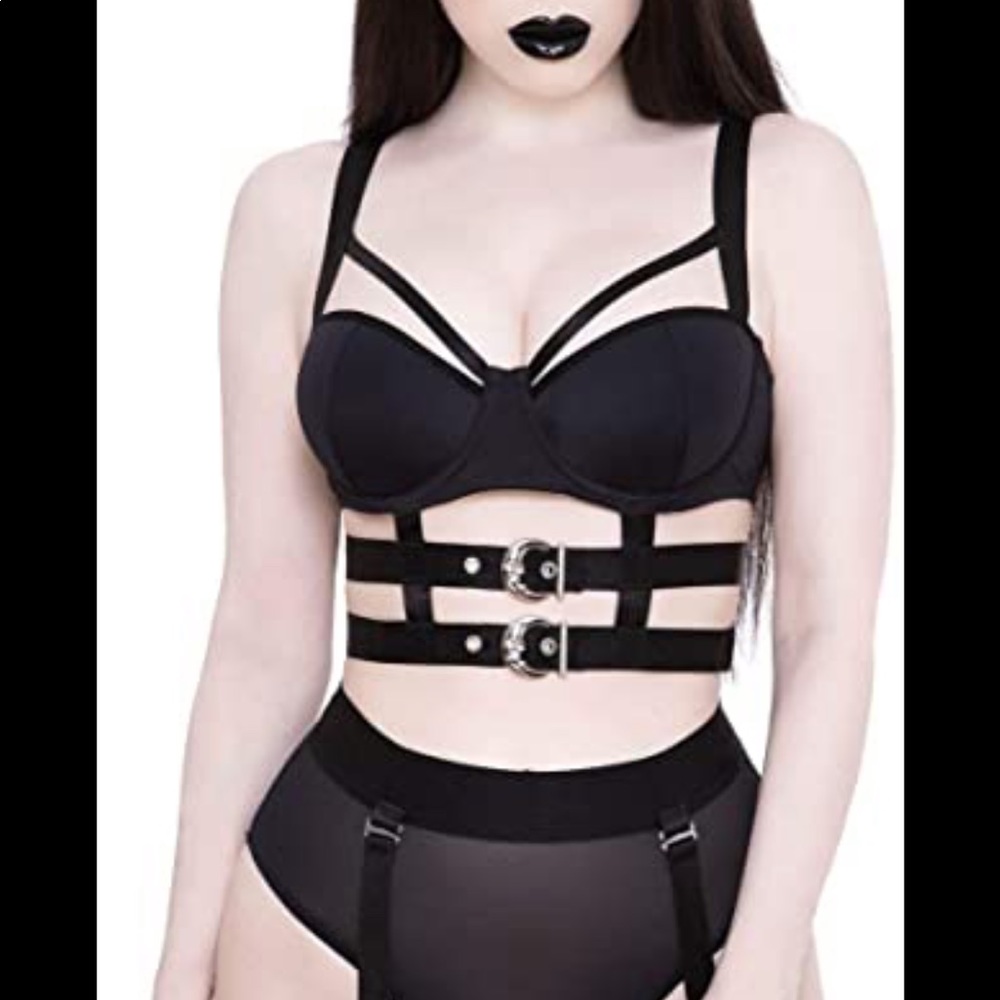 Black lingerie set. Black bra with Sheer brief bottoms & garter belt additions